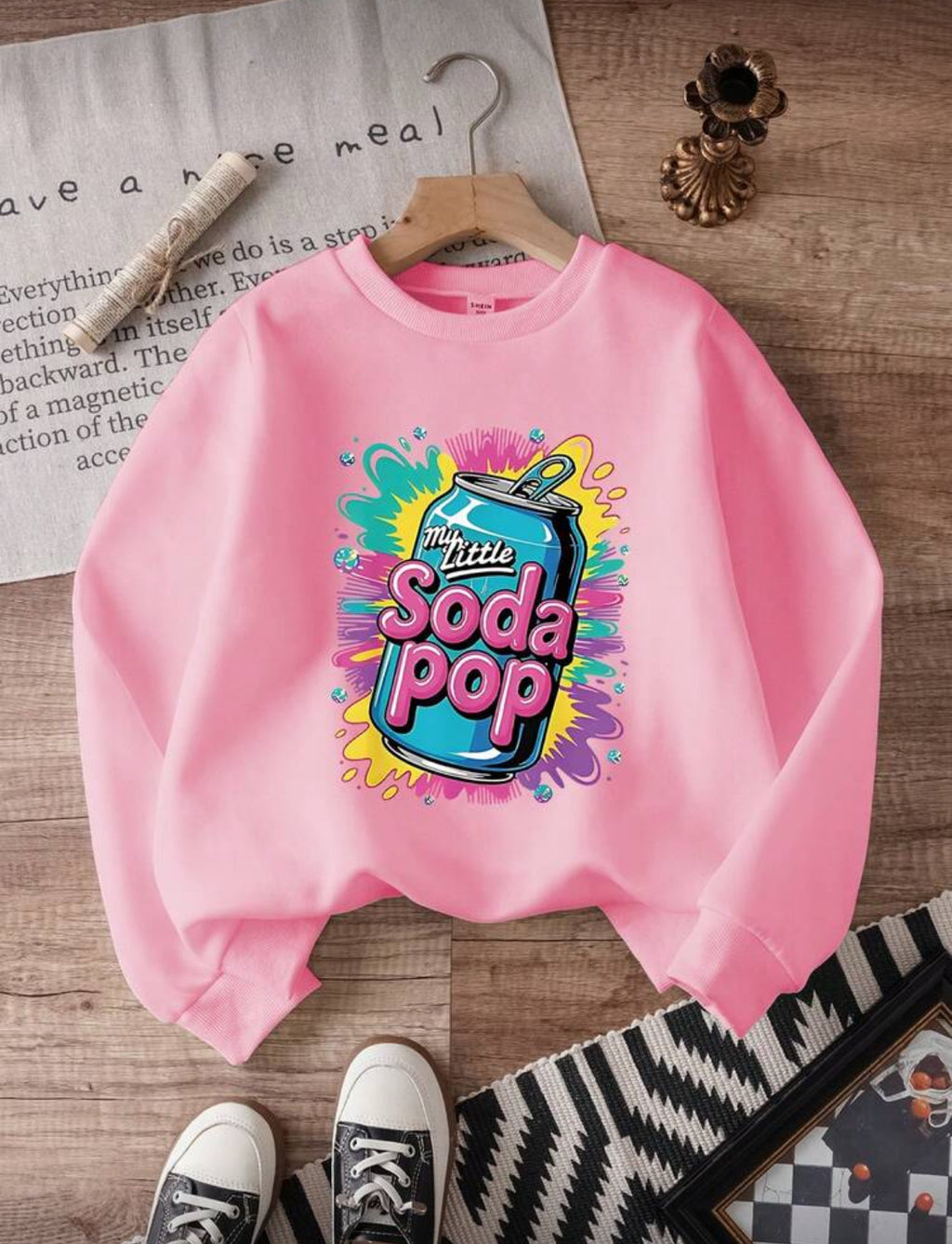 K-POP Hoodie Tween Girls' Casual Comfortable Fashion Versatile Creative Funny Colorful Splatter Soda Can "My Little Soda Pop" Graphic Crew Neck All-Match Long Sleeve Sweatshirt, Autumn/Winter