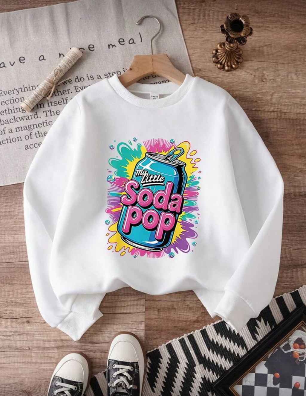 K-POP Hoodie Tween Girls' Casual Comfortable Fashion Versatile Creative Funny Colorful Splatter Soda Can "My Little Soda Pop" Graphic Crew Neck All-Match Long Sleeve Sweatshirt, Autumn/Winter