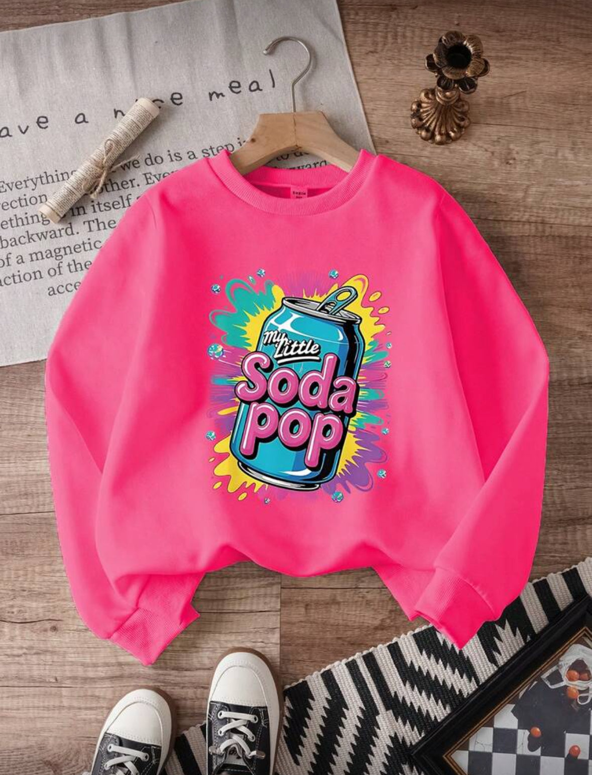 K-POP Hoodie Tween Girls' Casual Comfortable Fashion Versatile Creative Funny Colorful Splatter Soda Can "My Little Soda Pop" Graphic Crew Neck All-Match Long Sleeve Sweatshirt, Autumn/Winter